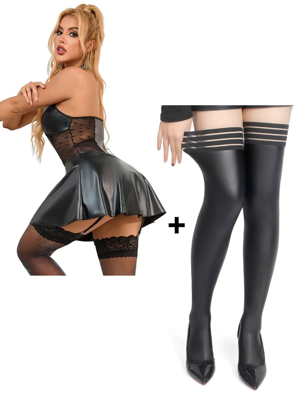 6480 Black Leather Dress Mini Dress Plus Size Leather Lingerie with Garter